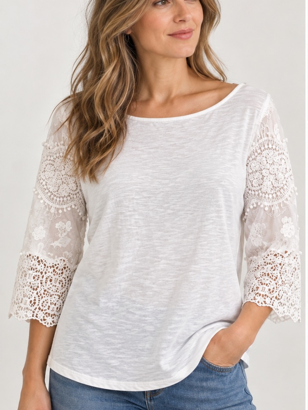 Talbots White Cotton Slub Top L Lace Embroidered 3/4 Sleeve